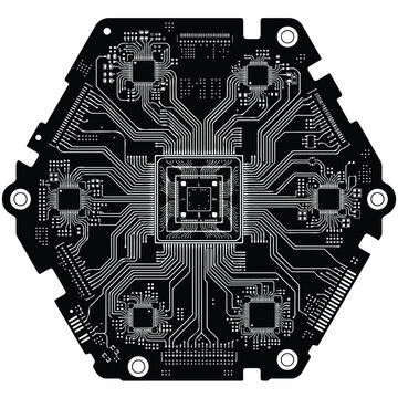 Octagonal circuit board with white traces on a black background