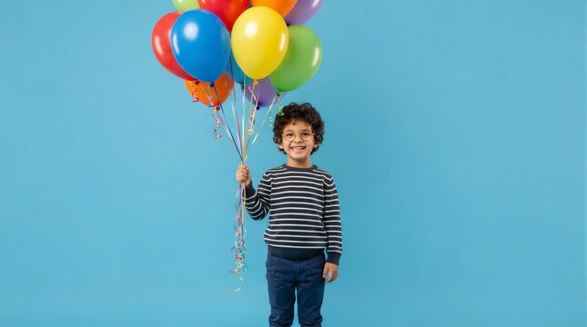 Child holding balloons smiling against blue studio background