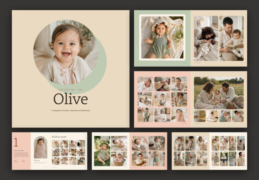 Baby First Year Photo Album Template, Scrapbook & Memory Book Layouts with Monthly Milestones, Minimalist Keepsake Book