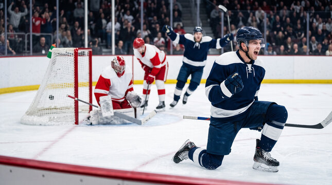 Hockey player celebrating goal with teammates on ice rink  