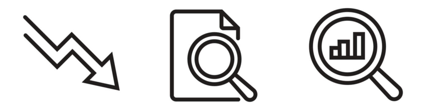 Business analytics and decline outline icon set including downward arrow document audit and growth magnifying glass