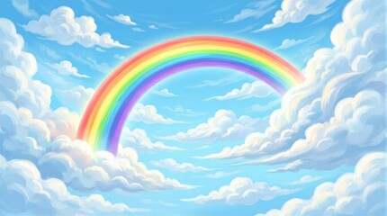Fototapeta premium Rainbow arching across cloudy blue sky over daytime cloudscape