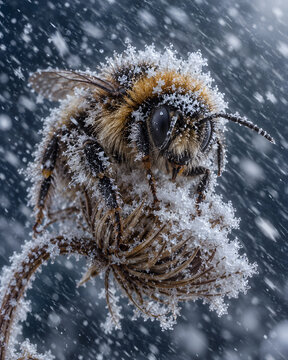 Macro shot of a frosty bumblebee covered in ice crystals perching on a dry plant during a heavy winter blizzard.
