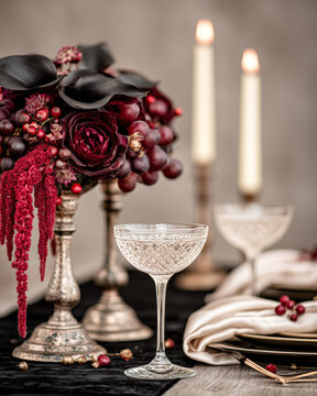 Luxury Dark Romantic Wedding Tablescape with Burgundy Flowers and Black Calla Lilies