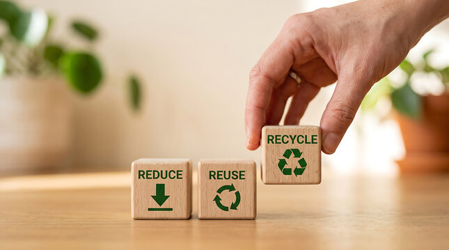 Person demonstrating reduce reuse recycle concept with wooden blocks on table