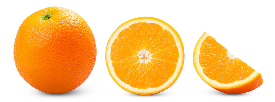Citrus orange fruits isolated set. Whole ripe orange fruit, cut in half and slice of orange isolate on white background.