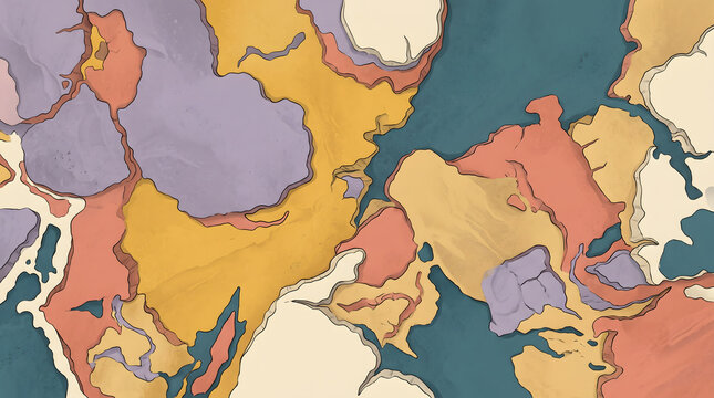 Tactile cartographic textured abstract background resembling an aged, peeling fresco or mottled geological surface in ochre and slate.