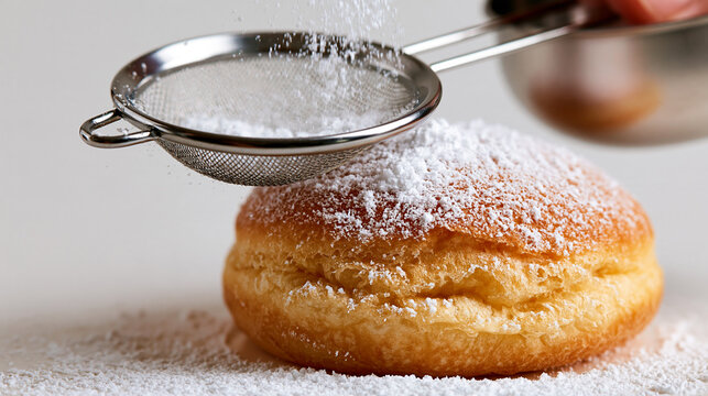 delicate powdered sugar falling from a metal sifter on white background, fine sugar dusting for baking and dessert decoration, closeup of powdered sugar sprinkled through a small metal sieve