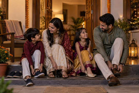 Parents and children sit together on a warmly lit veranda in festive clothing. An imagined family moment at home after a Dussehra evening.
