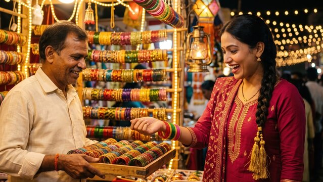 Indian Woman Trying Colorful Glass Bangles &ndash; Diwali Market Accessories Shopping.