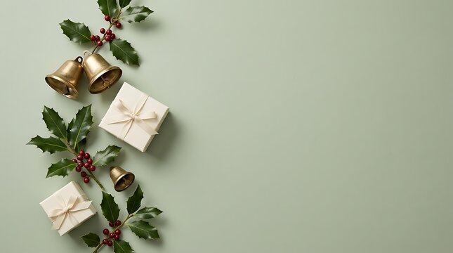 Christmas background with sage green surface decorated with holly