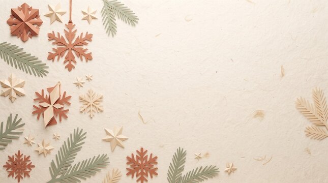Handmade paper craft Christmas background with snowflakes and fir branches