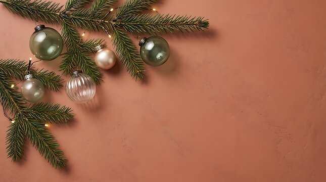 Christmas background with green baubles and fir branches on a
