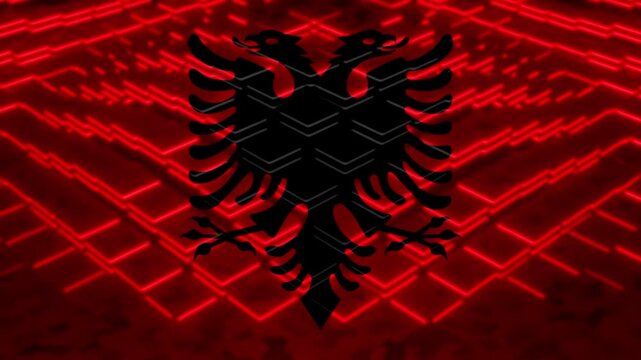 Albanian flag with a futuristic red glowing chevron pattern background, representing digital innovation and national strength