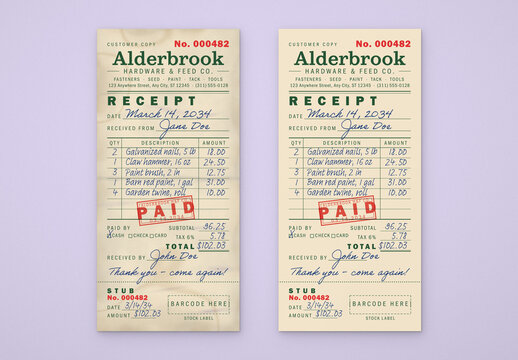 Vintage Sales Receipt Template, Retro Retail Invoice & Payment Voucher with Itemized Sales Slip and Paid Stamp for Hardware Stores