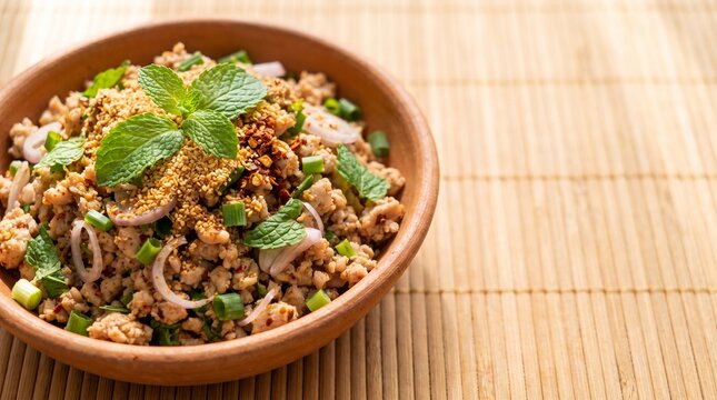 Spicy minced pork salad larb in a clay bowl on a bamboo mat