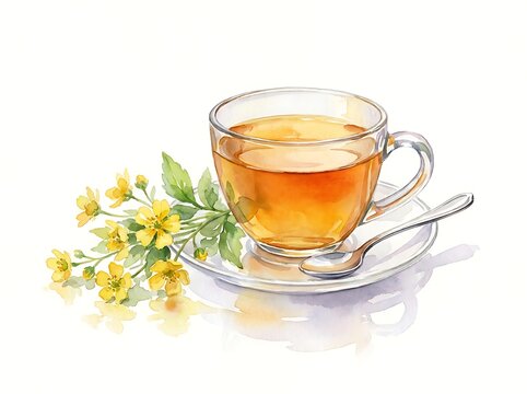 Coffee drink tea refreshment with yellow flowers in a watercolor illustration, creating a delicate herbal beverage composition