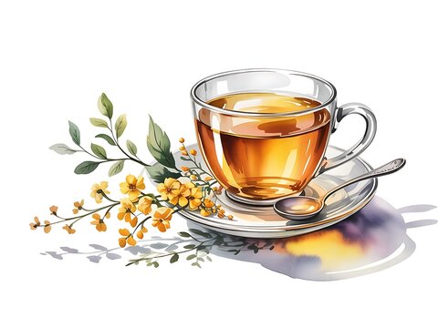 Coffee drink tea refreshment with yellow flowers in a watercolor illustration, creating a delicate herbal beverage composition
