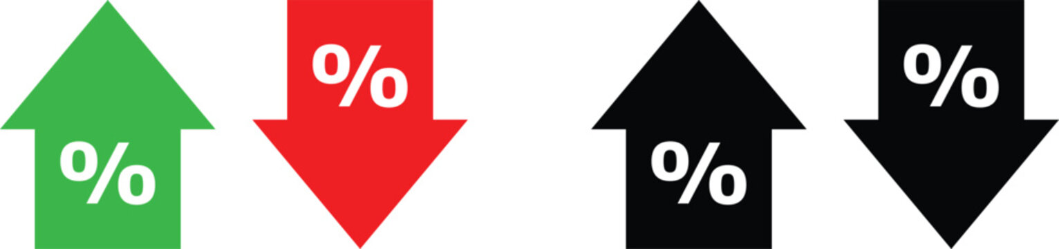 Up and down arrow icons with white percent sign in green, red and black for percentage increase, decrease, rate change, finance and business infographics