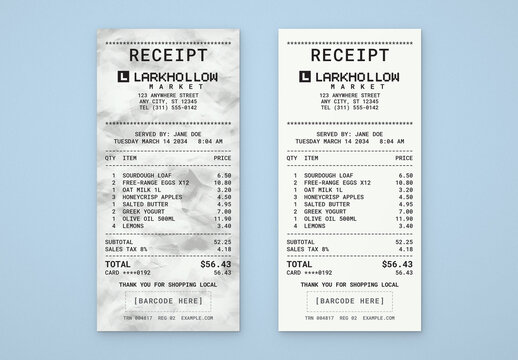Thermal Receipt Template, Editable Retail Sales Slip & POS Cash Register Bill for Grocery Stores and Supermarkets