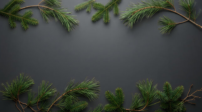 Christmas background with green pine branches arranged on a dark grey