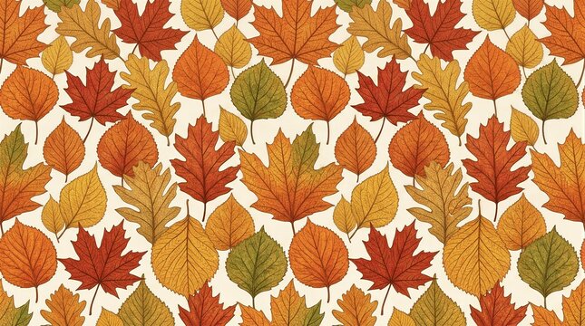 Assorted autumn leaves scattered on seamless patterned background