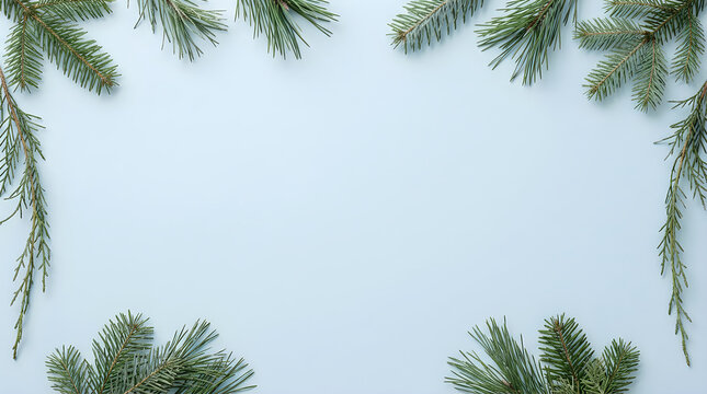 Christmas background with pine branches frame on light blue surface
