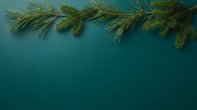 Christmas pine branches on teal background for holiday greeting card