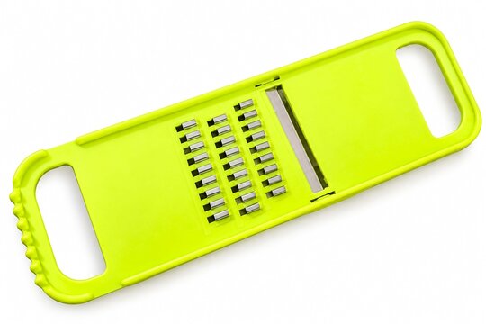 Neon lime green plastic mandoline slicer with stainless steel blades