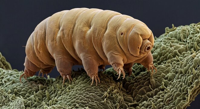 Tardigrade water bear on a moss leaf micrograph