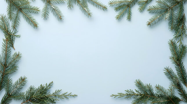 Christmas background with pine tree branches forming a frame on a