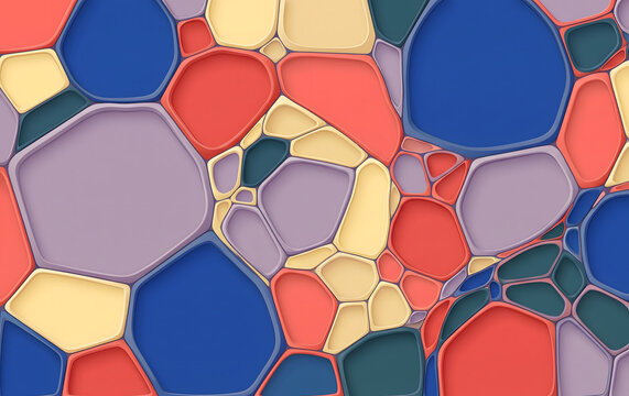  Microscopic biomorphic cellular structure with a vivid, luminous stained-glass tessellation effect.