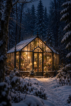 Cozy glass greenhouse glowing with warm light amidst a snowy winter forest at dusk.