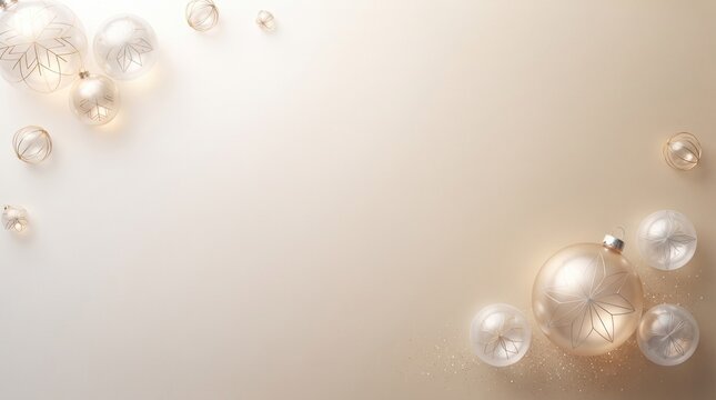 Elegant champagne and gold Christmas background with glass baubles