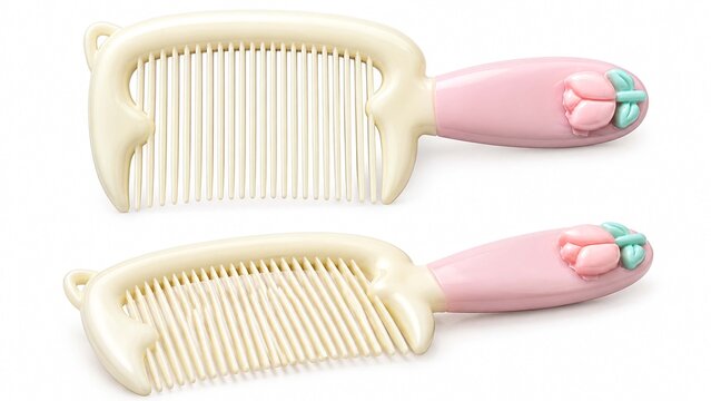 Two ivory and pink plastic hair combs with floral handle decoration