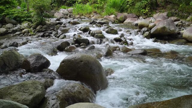 Fast Mountain Stream Over Large River Rocks