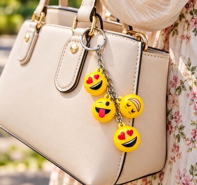 Cream handbag with playful yellow emoji keychain accessory held by