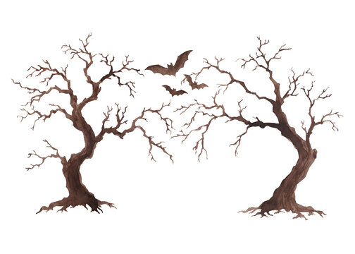 Halloween Watercolor Background with Dead Trees and Flying Bats