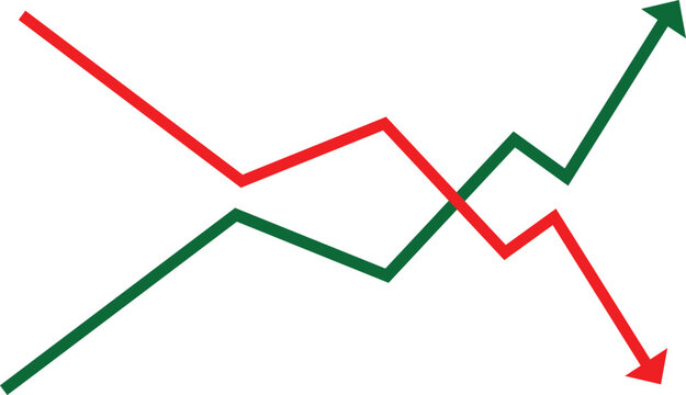 Green upward and red downward trend arrows crossing on a line graph showing growth versus decline, profit and loss, rise and fall for finance and business infographics