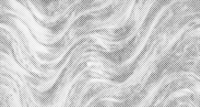 Black and white halftone pattern with diagonal wavy lines, abstract dotted texture with varying dot density and flowing organic curves