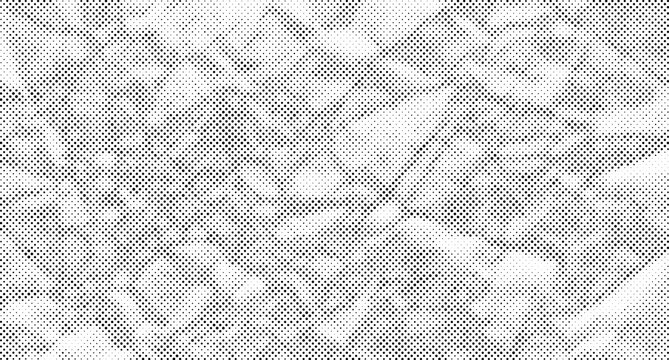 Black and white halftone pattern with distorted geometric shapes and dotted texture, abstract grayscale background