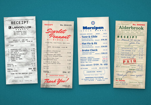 Vintage Receipt Template Bundle, Editable Retro Invoices, Bills & Retail Sales Slips for Restaurants and Grocery Stores