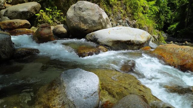 Clear River Rapids Around Giant Tropical Boulders