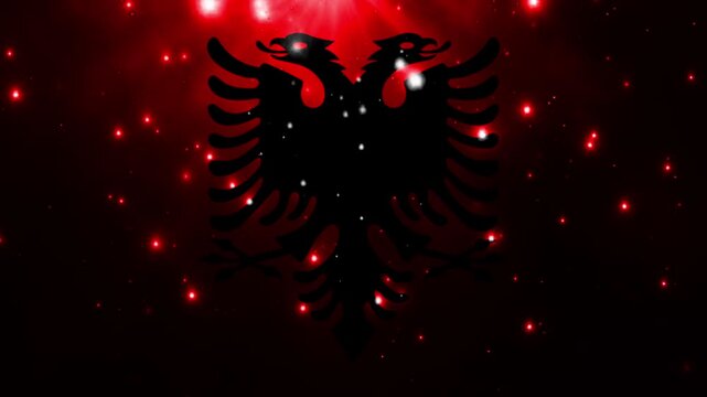 Albanian flag with a doubleheaded eagle silhouette against a dark red background with glowing red particles and light rays