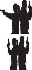 Fototapeta premium Black silhouettes of a man and a woman holding handguns, standing back to back, isolated on a white background, action or crime scene