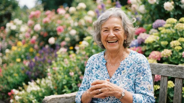 Senior woman laughing while sitting on bench in garden