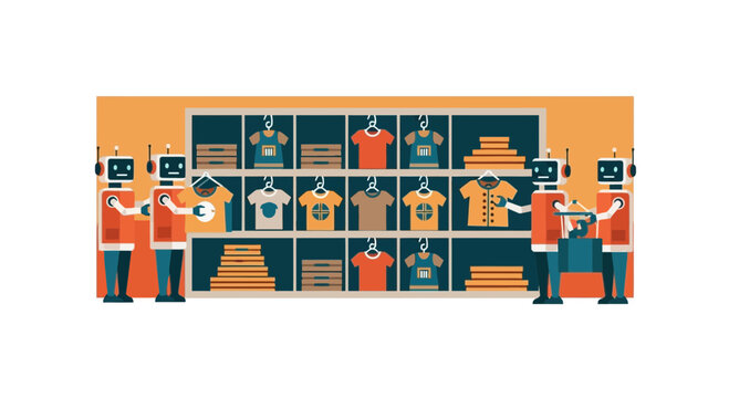 Robots Managing Clothing Store Inventory and Retail Automation Illustration