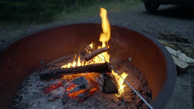 Roasting a hot dog on a metal skewer over a crackling campfire in a metal fire ring at a campsite