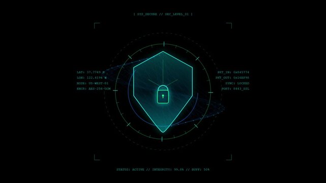 Futuristic cybersecurity HUD interface with digital padlock shield icon and network telemetry data on black background