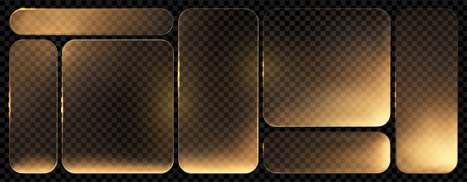 Gold glass box with text morphism golden frame. 3D button background with light banner vector blue shape. Black square white frame for modern web design.
